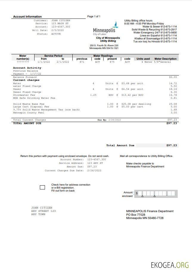 USA Minnesota Minneapolis City of Lakes utility bill template in Word and PDF format